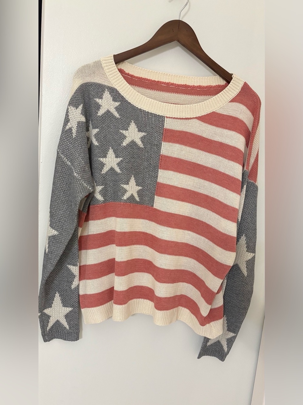 American Flag Ivory and Dusty Red and Blue Star Striped Knit Sweater Sz:L